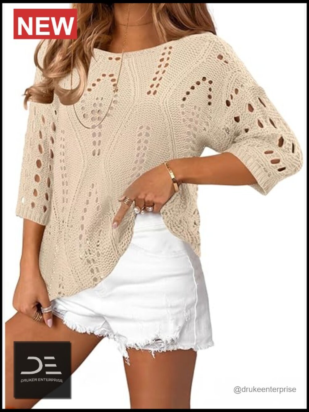Women Crochet Hollow Out Beach Swim Cover Up Half Sleeve Knit Pullover Top
